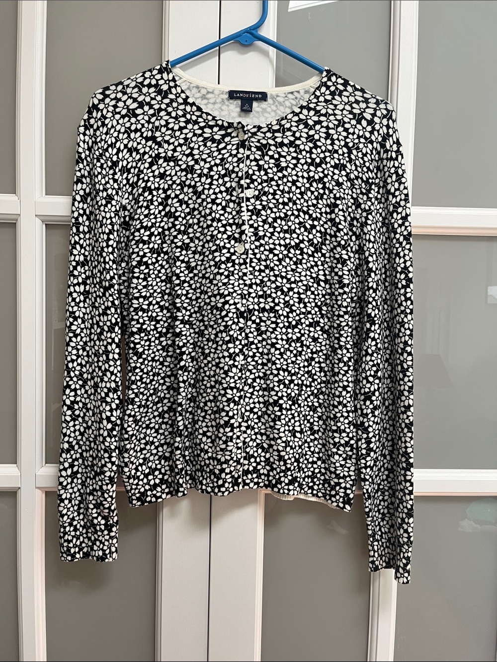 Lands' End Black and White Floral-Print Button Front Cardigan